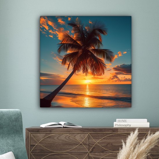 Canvas Schilderij 90x90 cm - Zonsondergang - Palmboom - Zee - Horizon - Strand - Muurdecoratie woonkamer - Woondecoratie - Kamer accessoires - Natuur schilderijen