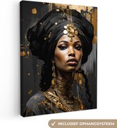 Canvas schilderij 60x80 cm - Vrouw portret goud - Kamer decoratie accessoires - Schilderijen woonkamer - Zwarte wanddecoratie slaapkamer - Muurdecoratie keuken zwart - Wanddoek interieur binnen - Gouden woondecoratie huis