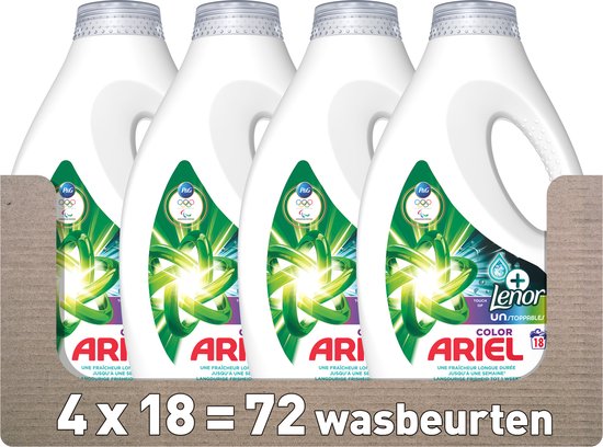 Ariel Vloeibaar Wasmiddel +Touch Van Lenor Unstoppables Kleur - 4 x 18 Wasbeurten - Voordeelverpakking