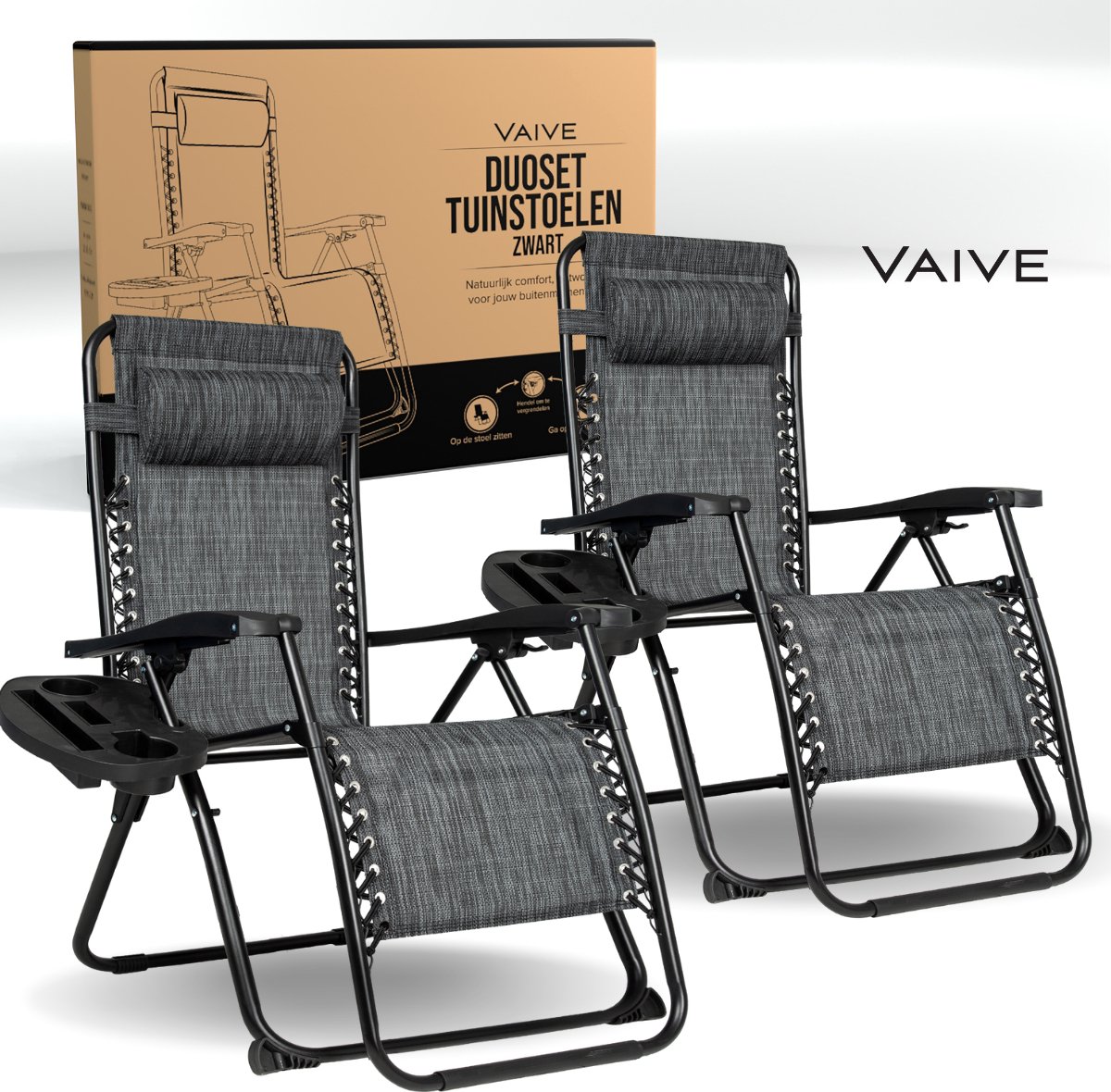 Vaive Luxe Tuinstoelen Duoset - Verstelbare Tuinstoel en Ligstoel - 30°-90° Verstelbaar - Tuin - Metaal - Zwart thumbnail 7