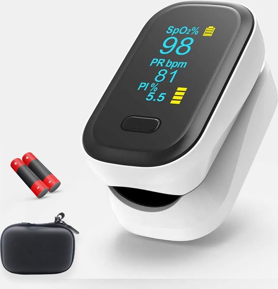 Foto: Remecure saturatiemeter saturatiemeter zuurstofmeter vinger oximeter hartslag ce certificatie nl en koord batterijen tasje