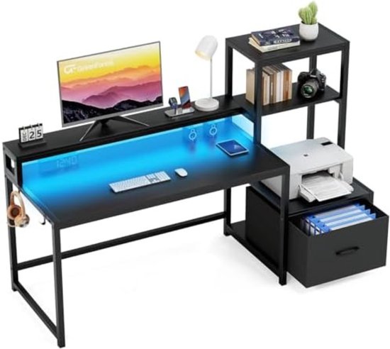 Game Bureau met Led - Gaming Bureau - Gaming Desk - 150 x 108 x 48 cm - Zwart