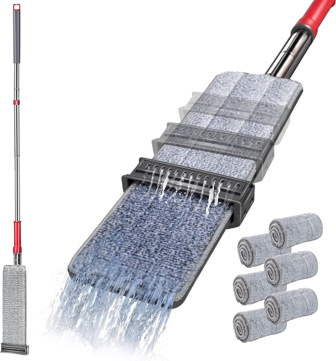 Platte vloermop dweil met wringfunctie vlakmop en 6 microvezelpads rechtopstaande functie Microvezelmop van 130 cm voor vloerreiniging van hardhouten laminaattegels