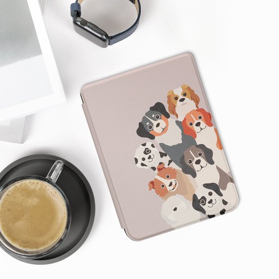 kwmobile e-reader hoesje geschikt voor Kobo Clara 2E hoes - E reader flip case met magnetische sluiting - Ereader cover - Grappige Honden design in bruin / wit / taupe van Merkloos — afbeelding 2