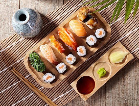 Foto: Sushi maken kit 14 stuks sushi maker kit en serveerset met gift box video tutorials ebook 2 bamboe sushi rolling mats sushi maker 5 x eetstokjes serveerschaal schaal paddle spreader tas