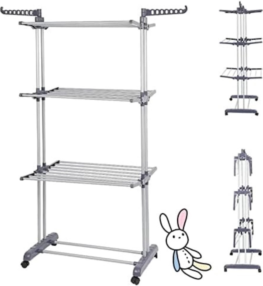 Goedkoopste Multifunctioneel Droogrek op 3 Etages met Wielen - Opvouwbaar Wasrek voor Binnen en Buiten - Ideaal voor Grote Gezinnen