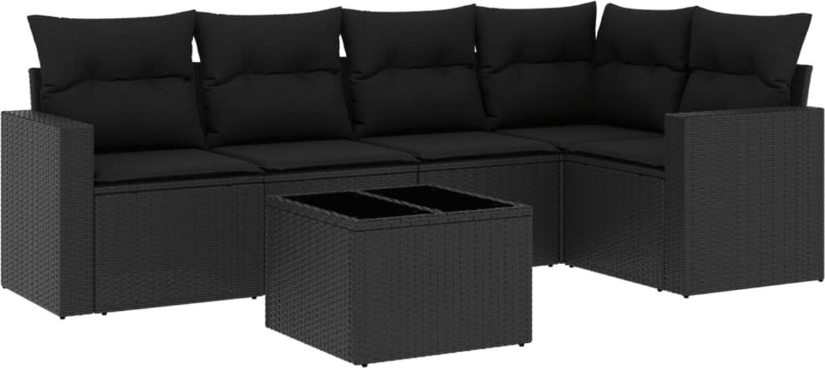 vidaXL 6-delige - Loungeset - met - kussens - poly - rattan - zwart