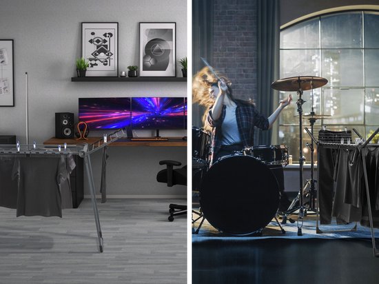 Collage van twee afbeeldingen: droogrek met kleding in een studeerkamer en bij een drumstel.