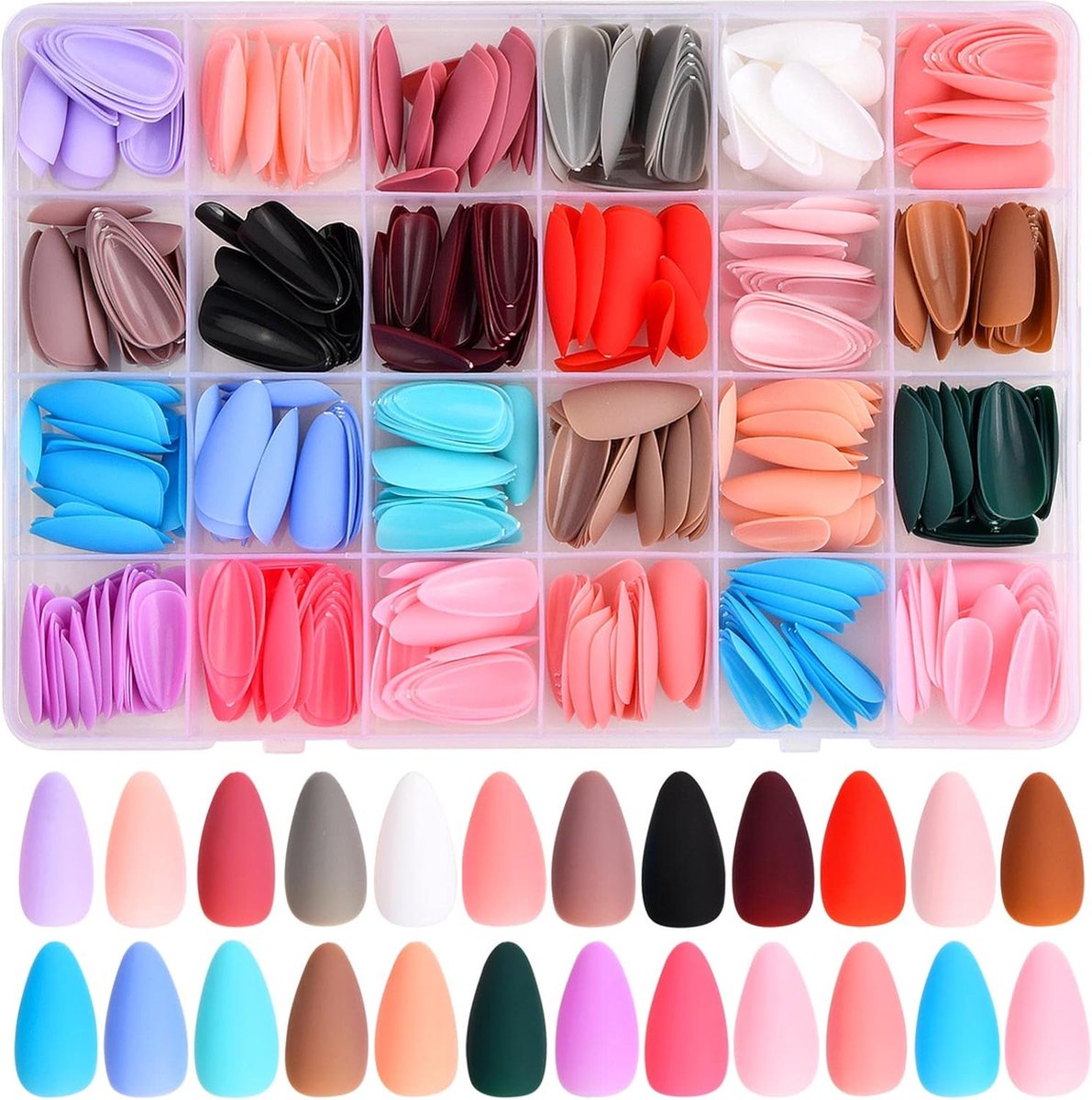Goedkoopste 24 Kleuren Matte Valse Nagels, 576 Stuks Druk op Nagels Medium Lengte, Ovale Valse Nagels voor Vrouwen Meisjes, Kunstmatige Nep Nagels, Volledige Cover Kleur Doodskist Nail Tips voor Nail Art