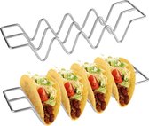 Taco houder standaard, 2 stuks tacohouders roestvrij staal, Mexicaans voedselrek, taco dienbladen, met handgrepen, kan 3 of 4 taco's bevatten, voor restaurant, thuis, feest, picknick (zilver)