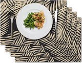 PVC geweven placemat sets van 4, wasbare hittebestendige antislip tafelplacemats voor keuken restaurant diner huisdecoratie, geschenkpakket, bladdruk bronzing, 45 x 30 cm, zwart