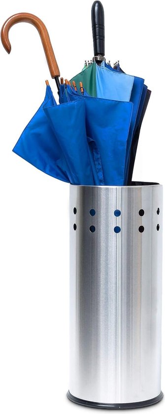 paraplubak, met lekbak, antislip, voor wandelstokken, rvs, H x Ø: 49,5 x 22,5 cm, ronde parapluhouder, zilver