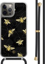 Casimoda® hoesje met zwart koord - Geschikt voor iPhone 12 Pro - Bee Happy - Afneembaar koord - TPU/polycarbonaat - Zwart