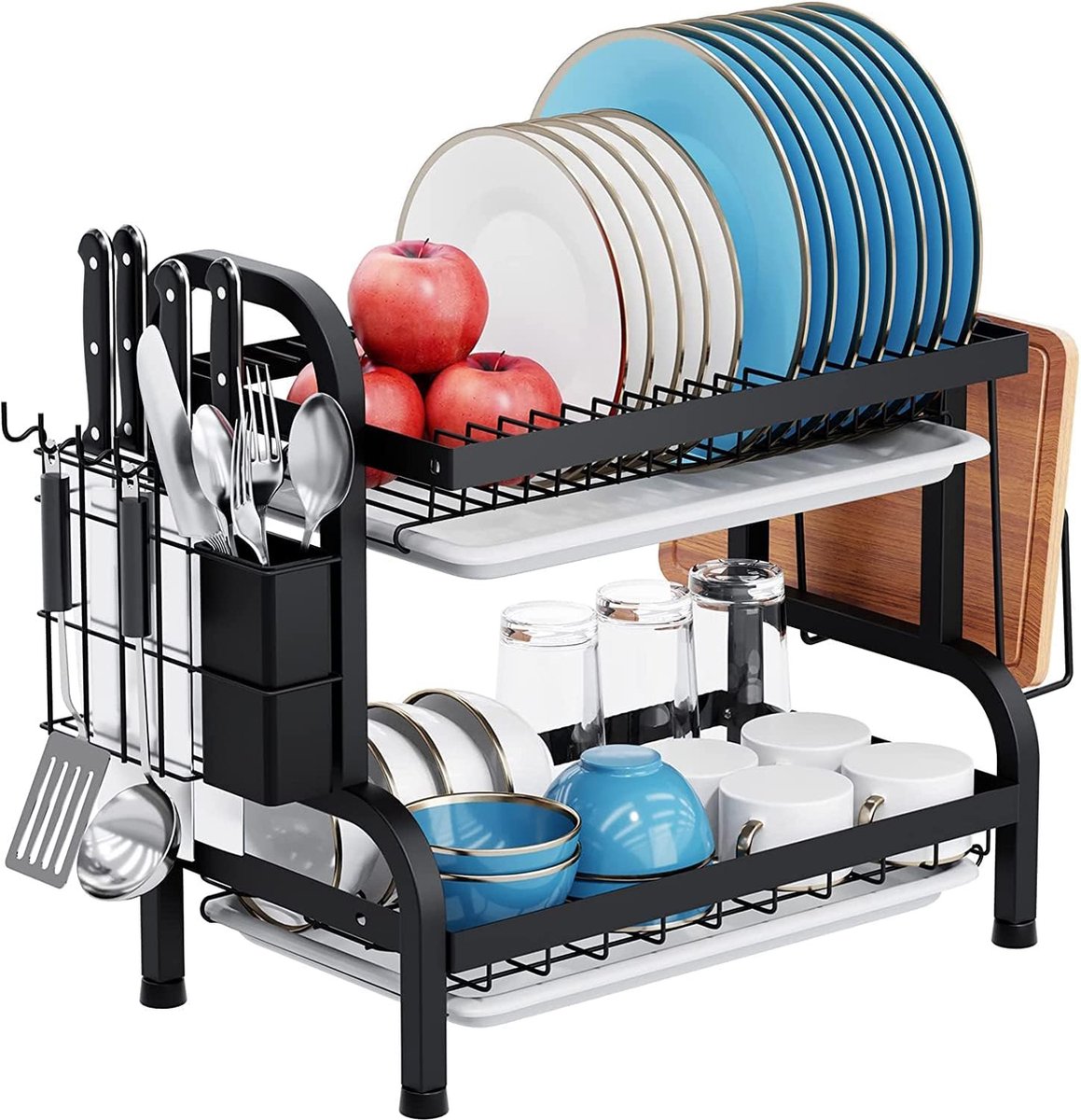 Goedkoopste Afdruiprek met 2 afvoerbakken, afdruiprek, servies van roestvrij staal, dubbellaagse spoelbakorganizer, diafdruiprek met bestekframe en snijplank