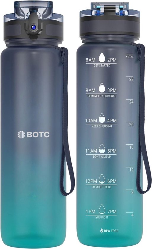 BOTC Waterfles - 1000ml - BPA vrij - Tritan - Waterfles met Rietje - Waterfles met tijdmarkering - Blauw/Grijs