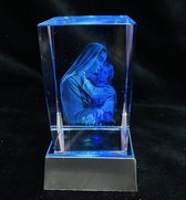 kristal glas laserblok met 3D afbeelding van Maria met kind 5x8cm + verlichting