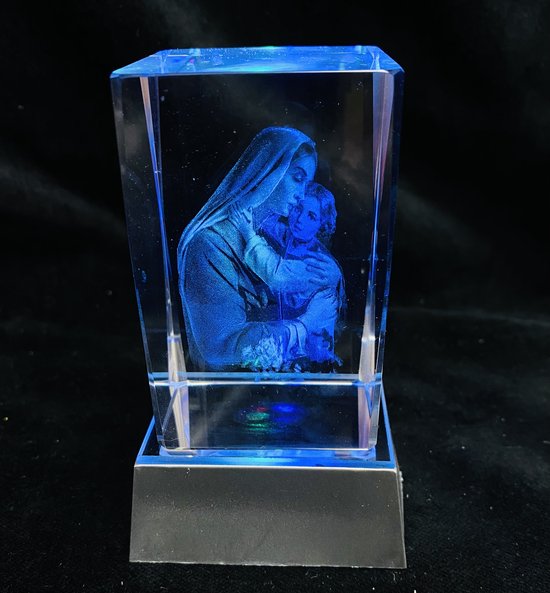 kristal glas laserblok met 3D afbeelding van Maria met kind 5x8cm + verlichting