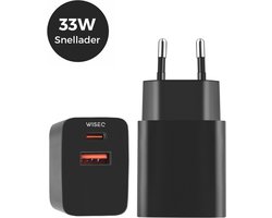 WiseQ 33W Adapter - Ultra-Snellader - Dubbele snellader USB A & USB C Poorten - Geschikt voor Samsung, Huawei, Oppo, iPhone, iPhone 15 & MacBooks - Premium Zwart