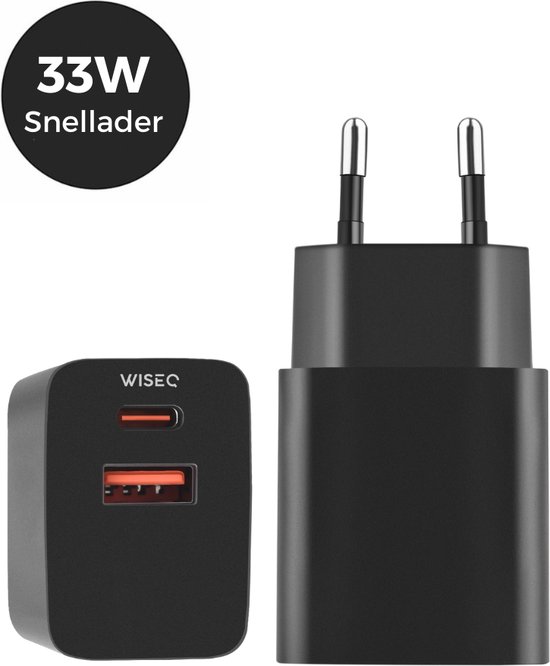 WiseQ 33W Adapter - Ultra-Snellader - Dubbele snellader USB A & USB C Poorten - Geschikt voor Samsung, Huawei, Oppo, iPhone, iPhone 15 & MacBooks - Premium Zwart