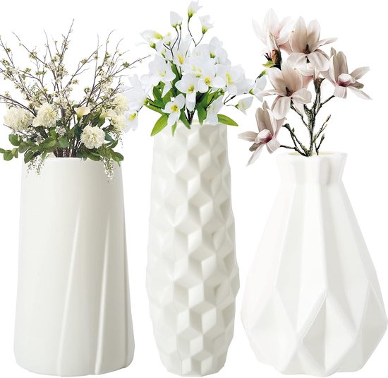 3 stuks moderne decoratieve bloemenvaas, vazen, geometrische bloemenvazen voor woonkamer, slaapkamer, tafelvaas, decoratieve vaas, structuurvazen, kantoor, huis, woondecoratie (wit)