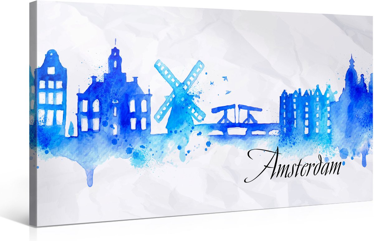 karo-art Schilderij - Amsterdam, Silhouet aquarel effect, premium print 100x50cm Multikleur