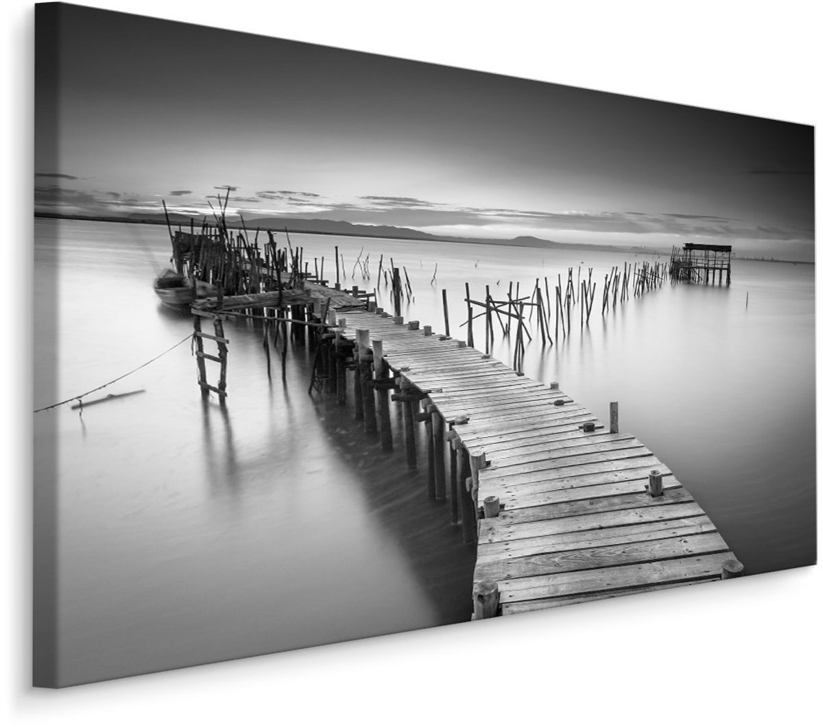 karo-art Schilderij - Steiger in een meer in zwart wit , Wanddecoratie , Premium print Multikleur