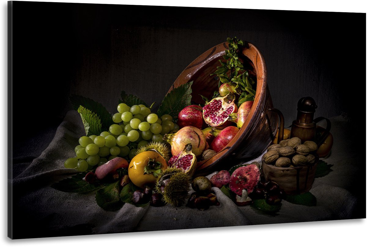 karo-art Schilderij -Stilleven Omgevallen Fruitschaal, 100x70cm. Wanddecoratie, premium print Multikleur