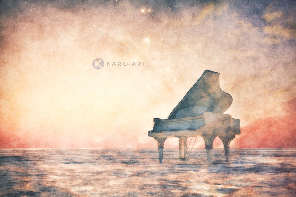 karo-art Afbeelding op acrylglas - Piano, vleugel in een fantasie landschap Multikleur