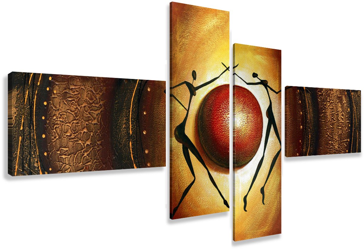 karo-art Schilderij - Abstract dans rond de aarde, 4luik, 195x80cm, wanddecoratie Multikleur