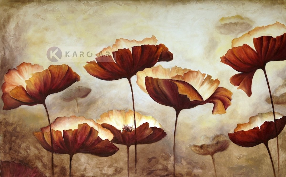 karo-art Schilderij - Klaprozen veld, Beige Bruin ,2 maten , print op canvas , Wanddecoratie Multikleur