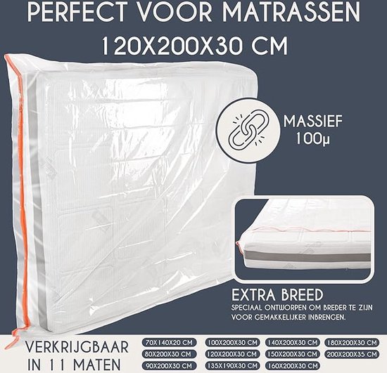 Plastic Matrashoes - Matrashoes 120x200 cm (Dikte 30 cm) - Bescherm uw matras - Matrashoes Perfect voor opslag, verhuizing - Met rits