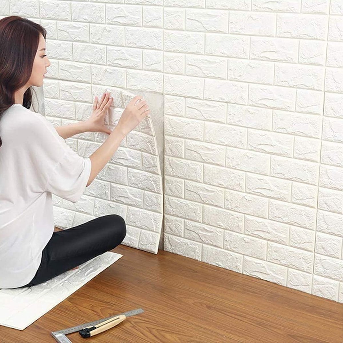 3D baksteenbehang, 3D behang wandpanelen, doe-het-zelf waterdichte zelfklevende muurstickers, 3D bakstenen steenlook decoratief behang voor binnenmuurbekleding decoratie (wit,10stuks) - Merkloos