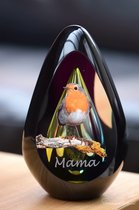 Urn voor crematie-as-Urn Premium Design Glas met afbeelding van een vogeltje/roodborstje en uw aangegeven naam-Urn met afbeelding dmv.hoge kwaliteit sign folie-Urn voor Deelbestemming- Urn Glas-60ml inhoud-Premium collectie-Transparante askamer