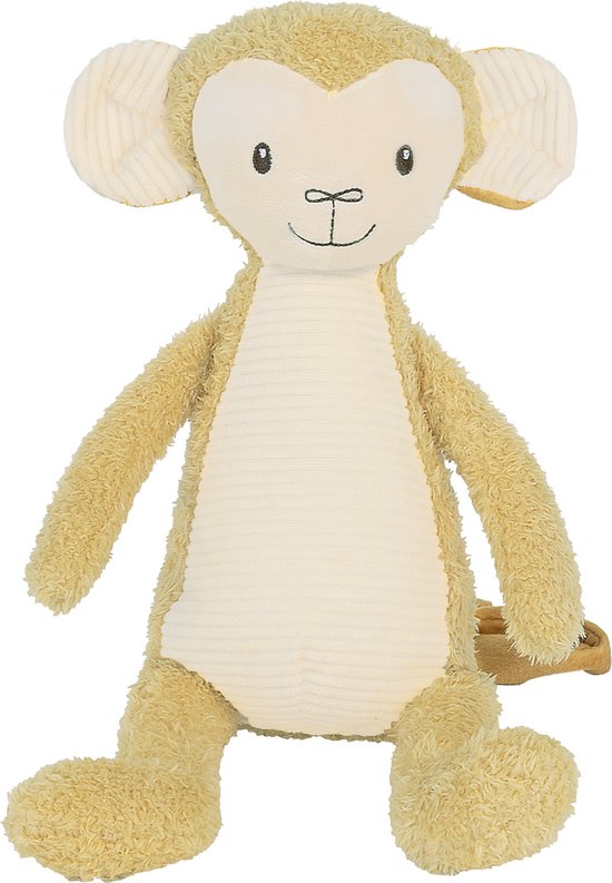 Beige knuffelaap met grote oren en lichte buik, 28 cm.