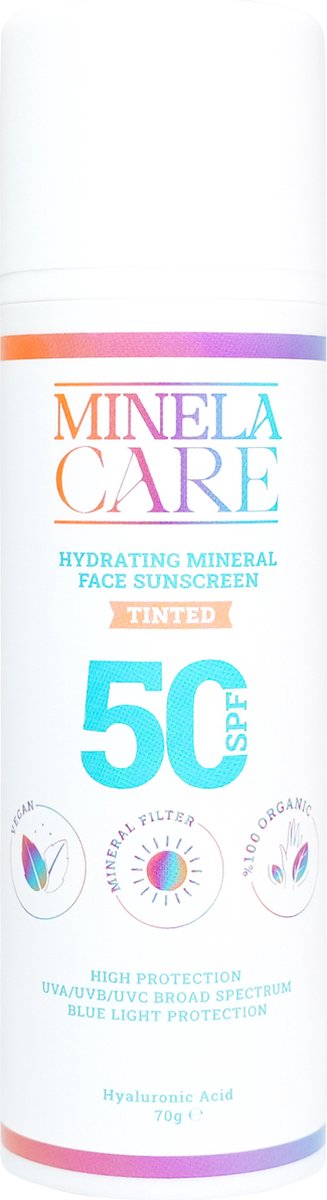 Minela Care - Biologische Minerale Filter Zonnebrand - Hydraterende met Hyaluronzuur - Sheer Tint - Crème - voor gezicht - SPF 50+ - 70 gr