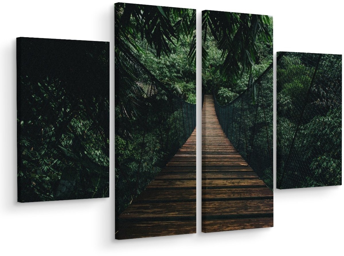 karo-art Schilderij - Houten hangbrug in het bos, 4 luik, premium print Multikleur