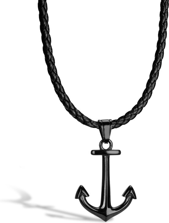 SERASAR Leren Herenketting [Anchor] - Zwart 50cm - Gevlochten Halsband