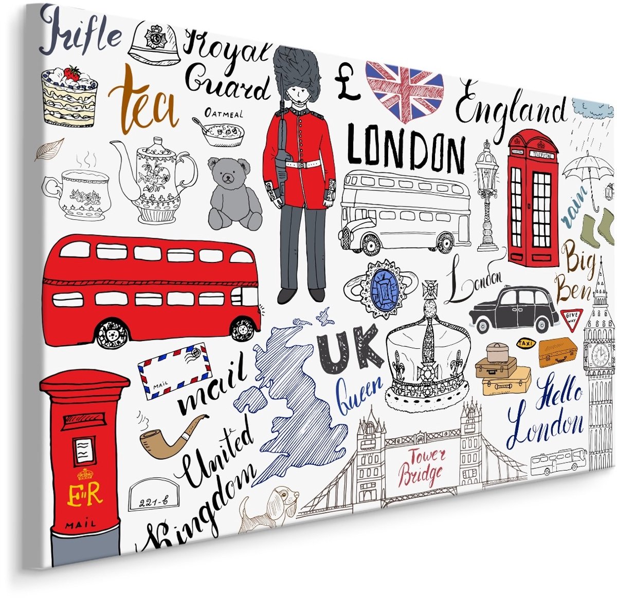 karo-art Schilderij - Bekende Symbolen van Londen, Engeland, Premium Print Multikleur
