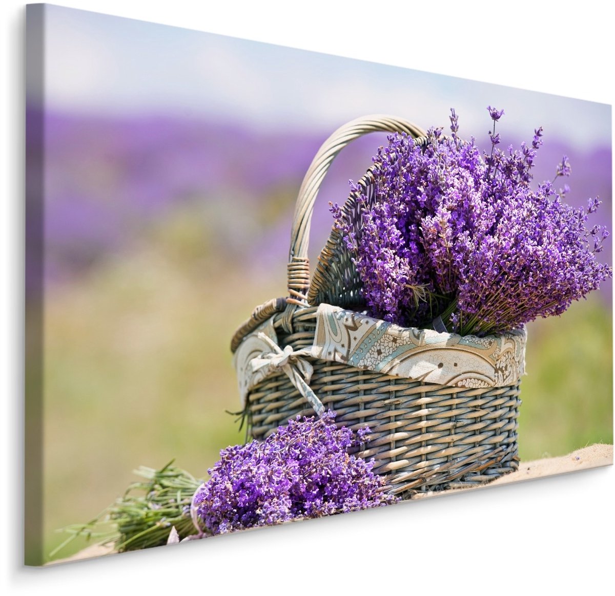 karo-art Schilderij - Lavendel in een Rieten Mand, Paars, premium print Multikleur