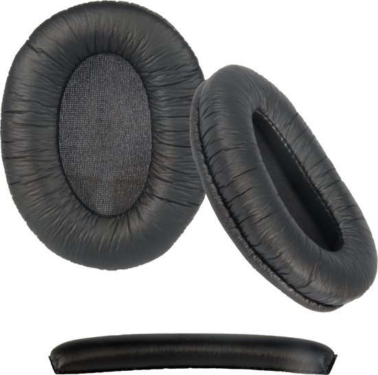 Drie zwarte onderdelen van een koptelefoon: twee ovale oorkussens en een platte hoofdband.