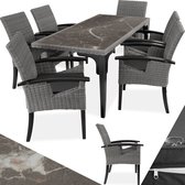 tectake® - Wicker meubelset, 6x stoelen, 1x tafel, modern, rieten stoel met armleuningen, eettafel marmerlook, eetkamer lounge tuinmeubelen voor balkon, terras, wintertuin, buitenkeuken - grijs - poly-rattan