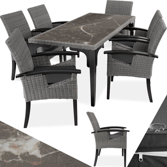 Foto: Tectake wicker polyrotan meubelset 6x stoelen 1x tafel modern rieten stoel met armleuningen eettafel in marmerlook eetkamer lounge tuinmeubelen voor balkon terras wintertuin grijs