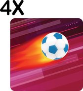 BWK Flexibele Placemat - Voetbal met Vuur - Rode Achtergrond - Set van 4 Placemats - 40x40 cm - PVC Doek - Afneembaar