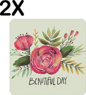 BWK Stevige Placemat - Getekende Roos - Beautiful Day - Groen met Rood - Set van 2 Placemats - 50x50 cm - 1 mm dik Polystyreen - Afneembaar