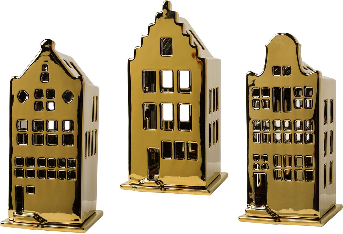 Heinen Delfts Blauw set van 3 witte trapgevel tuitgevel klokgevel Amsterdamse huisjes waxinelicht houders kandelaars Goud 8 x 17 cm