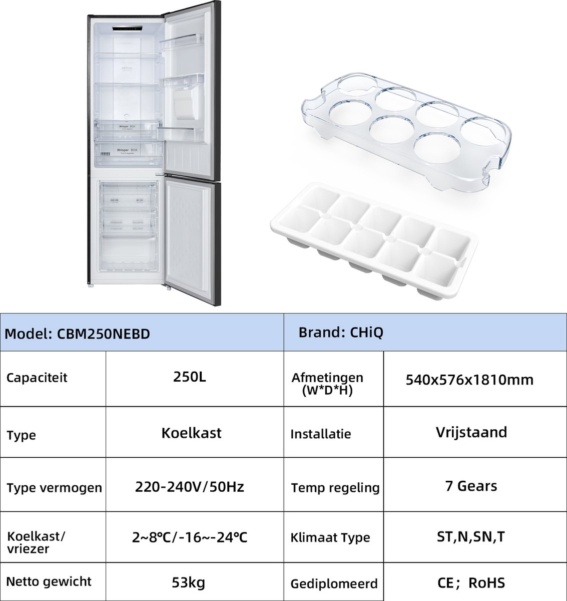 CHiQ CBM250NEBD - Koel-Vriescombinatie - 250L - No Frost - Waterdispenser - Inverter Compressor - Supervriezen - 39dB - 12 jaar garantie op compressor - Energieklasse D — afbeelding 4