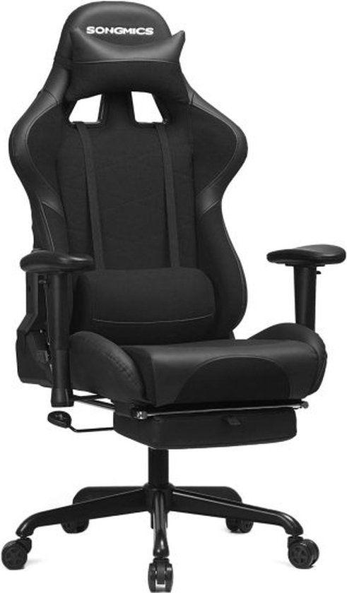 Chaise de jeu avec repose-pieds, chaise de bureau de course, ergonomique, coussin lombaire, structure en acier, dossier haut, revêtement PU et polyester, charge 150 kg, noir