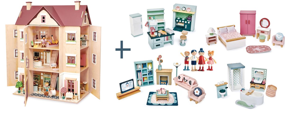 Tender Leaf Toys [E] Tender Leaf uniek houten poppenhuis Hall Fantail XXL 3 verdiepingen inclusief houten poppen familie woonkamer keuken slaapkamer en badkamer meubels- 40 x 72 x 90 cm