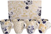 Tokyo Design Studio – Mokkenset - Flora Japonica Gold – Set van 4 stuks – 8.5 x 10.2cm - 380ml