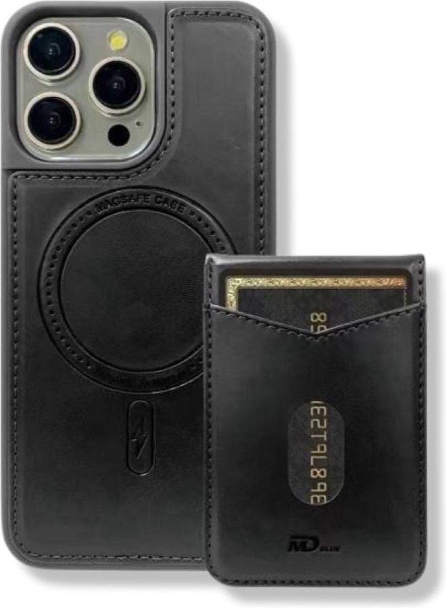 Elegant Zwart Leren Magnetic Hoesje voor Apple iPhone 14 Pro Max-Draadloos Opladen en Pashouder 4X